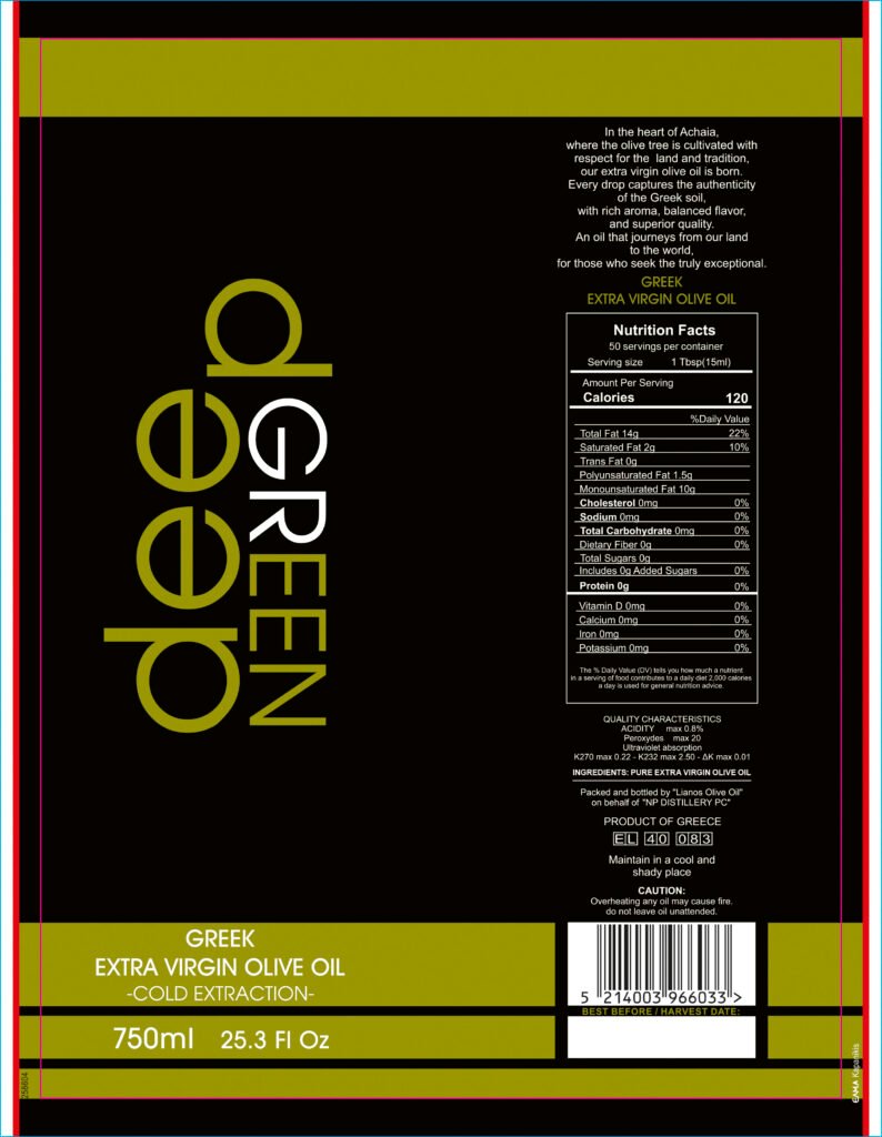 deepgreen Greek extra virgin olive oil 750ml bottle label with nutrition facts and quality characteristics
