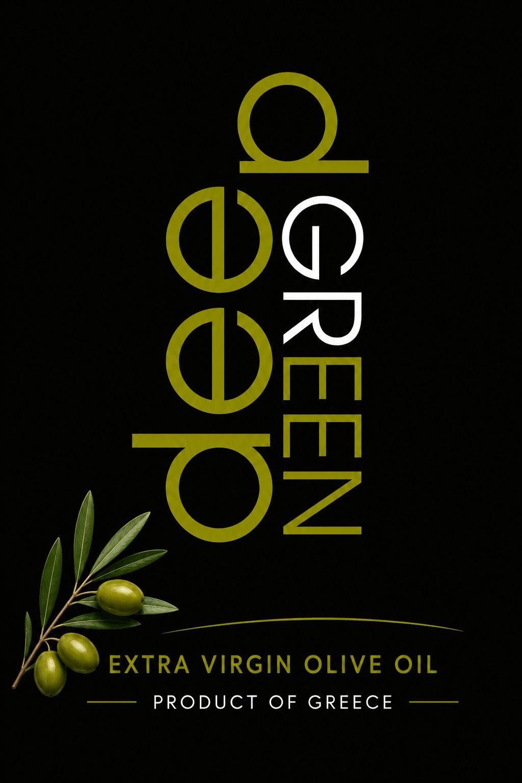 deepgreen extra virgin olive oil logo with olive branch, product of Greece